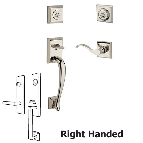 Right Handed Double Cylinder Napa Handleset with Curve Door Lever with Traditional Square Rose in Polished Nickel