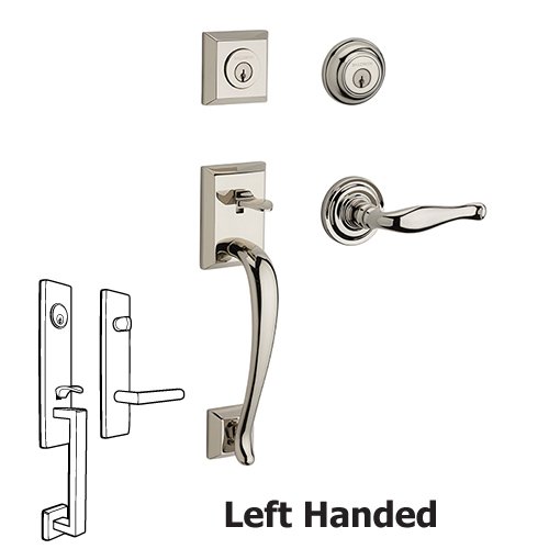 Left Handed Double Cylinder Napa Handleset with Decorative Door Lever with Traditional Round Rose in Polished Nickel