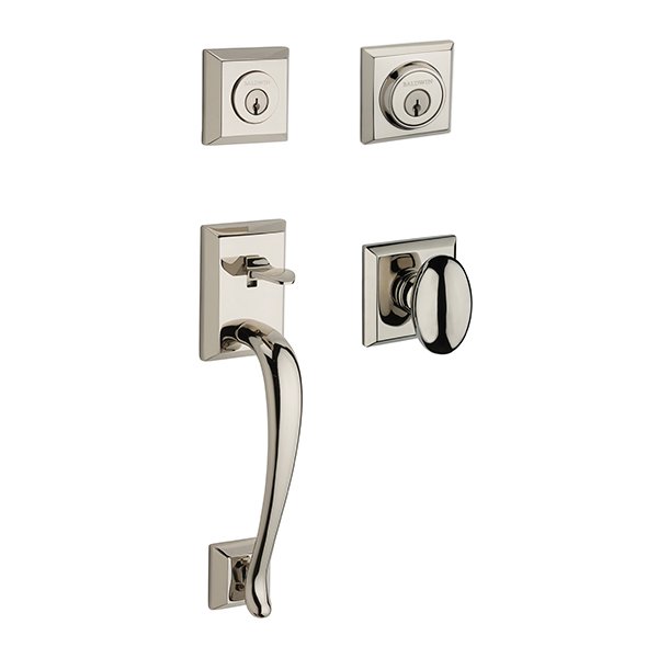 Double Cylinder Napa Handleset with Ellipse Door Knob with Traditional Square Rose in Polished Nickel