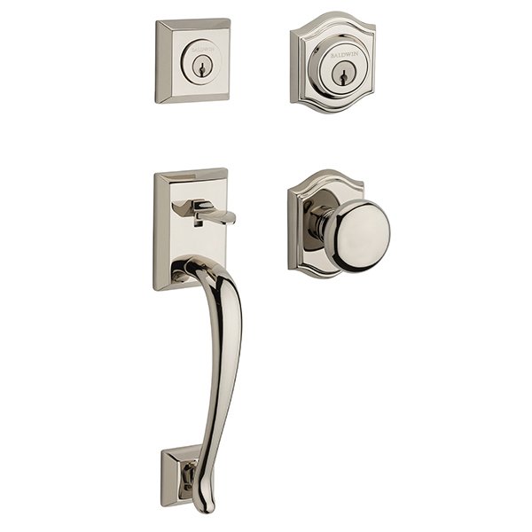 Double Cylinder Napa Handleset with Round Door Knob with Traditional Arch Rose in Polished Nickel