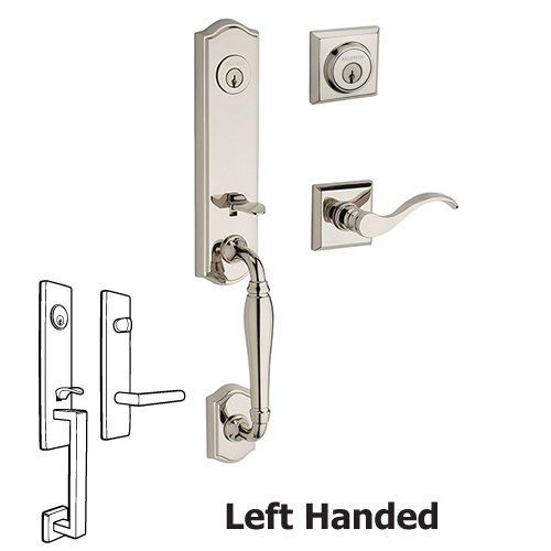 Left Handed Double Cylinder New Hampshire Handleset with Curve Door Lever with Traditional Square Rose in Polished Nickel