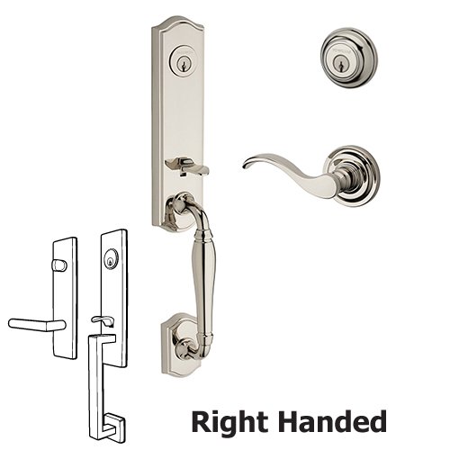 Right Handed Double Cylinder New Hampshire Handleset with Curve Door Lever with Traditional Round Rose in Polished Nickel