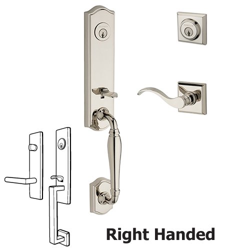Right Handed Double Cylinder New Hampshire Handleset with Curve Door Lever with Traditional Square Rose in Polished Nickel