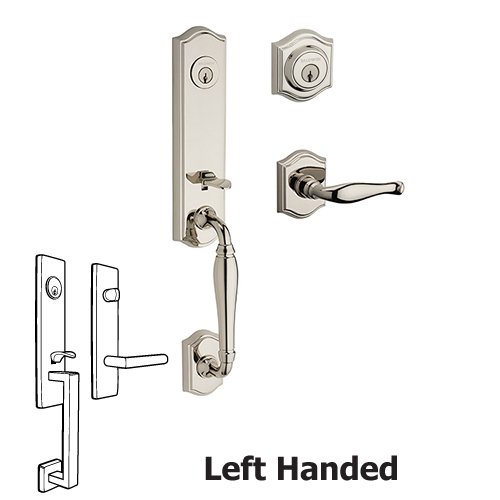 Left Handed Double Cylinder New Hampshire Handleset with Decorative Door Lever with Traditional Arch Rose in Polished Nickel