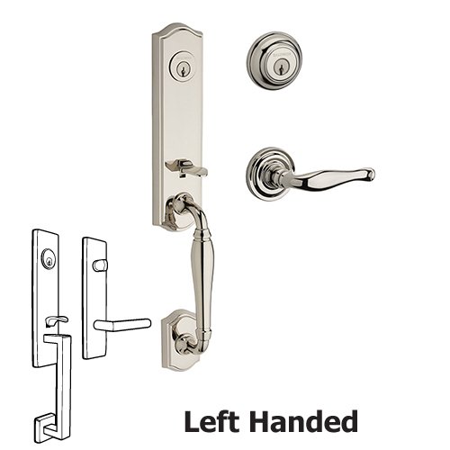 Left Handed Double Cylinder New Hampshire Handleset with Decorative Door Lever with Traditional Round Rose in Polished Nickel
