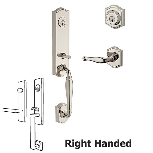 Right Handed Double Cylinder New Hampshire Handleset with Decorative Door Lever with Traditional Arch Rose in Polished Nickel