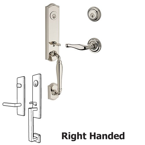 Right Handed Double Cylinder New Hampshire Handleset with Decorative Door Lever with Traditional Round Rose in Polished Nickel