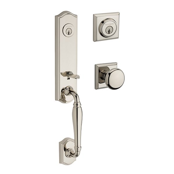 Double Cylinder New Hampshire Handleset with Ellipse Door Knob with Traditional Square Rose in Polished Nickel