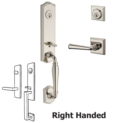 Right Handed Double Cylinder New Hampshire Handleset with Federal Door Lever with Traditional Square Rose in Polished Nickel