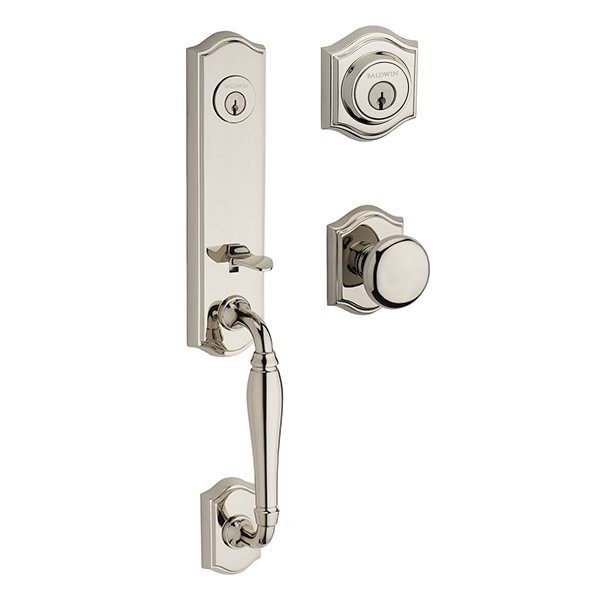 Double Cylinder New Hampshire Handleset with Round Door Knob with Traditional Arch Rose in Polished Nickel