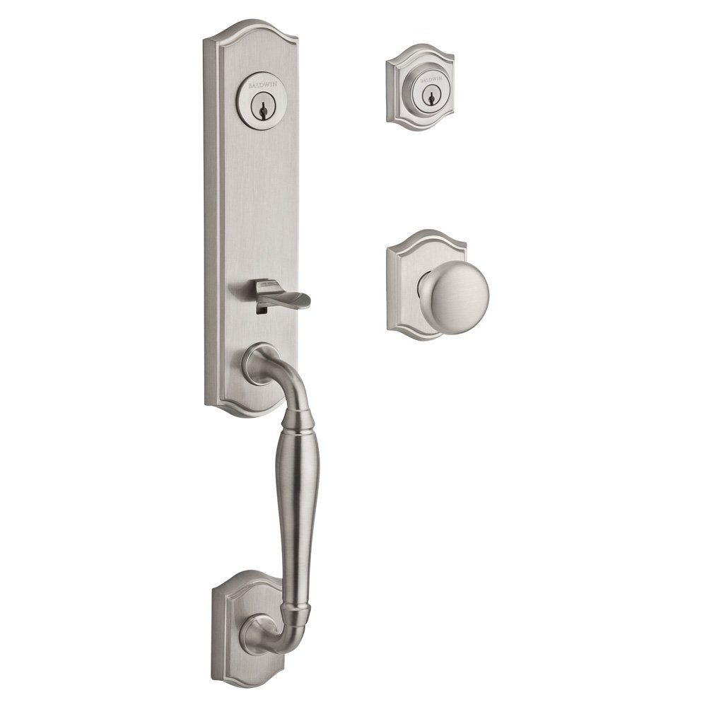 Handleset with Round Knob and Traditional Arch Rose in Satin Nickel