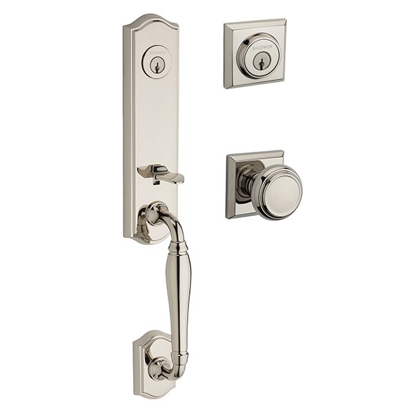 Double Cylinder New Hampshire Handleset with Traditional Door Knob with Traditional Square Rose in Polished Nickel