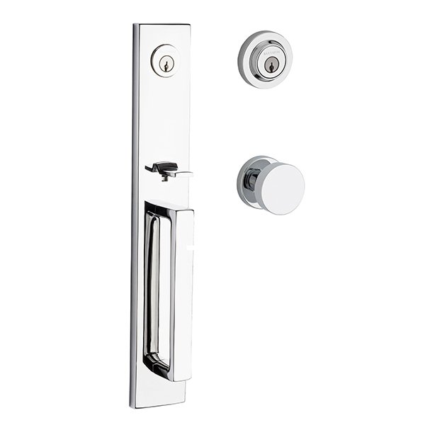 Double Cylinder Santa Cruz Handleset with Contemporary Door Knob with Contemporary Round Rose in Polished Chrome