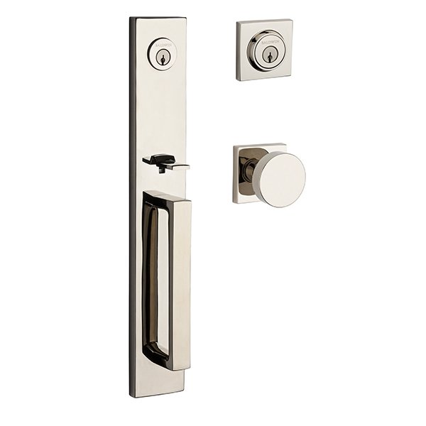 Double Cylinder Santa Cruz Handleset with Contemporary Door Knob with Contemporary Square Rose in Polished Nickel