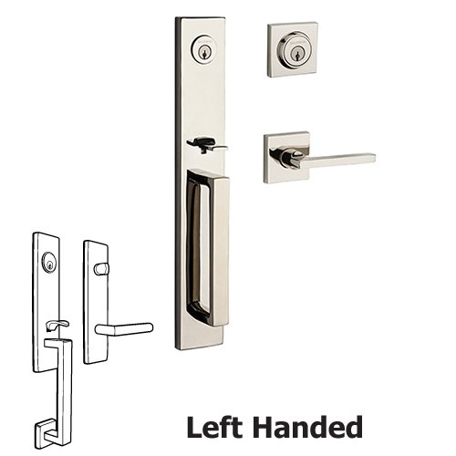 Left Handed Double Cylinder Santa Cruz Handleset with Square Door Lever with Contemporary Square Rose in Polished Nickel