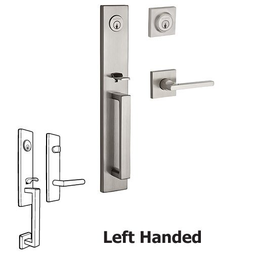 Left Handed Double Cylinder Santa Cruz Handleset with Square Door Lever with Contemporary Square Rose in Satin Nickel