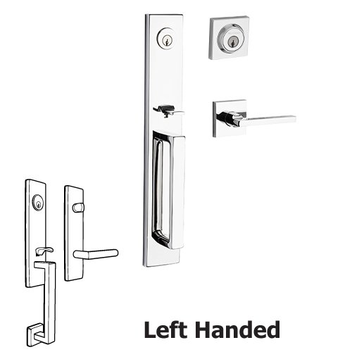 Left Handed Double Cylinder Santa Cruz Handleset with Square Door Lever with Contemporary Square Rose in Polished Chrome