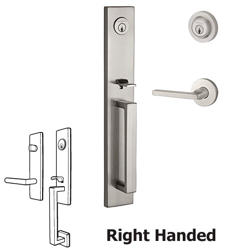 Right Handed Double Cylinder Santa Cruz Handleset with Square Door Lever with Contemporary Round Rose in Satin Nickel