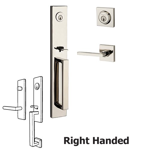 Right Handed Double Cylinder Santa Cruz Handleset with Square Door Lever with Contemporary Square Rose in Polished Nickel
