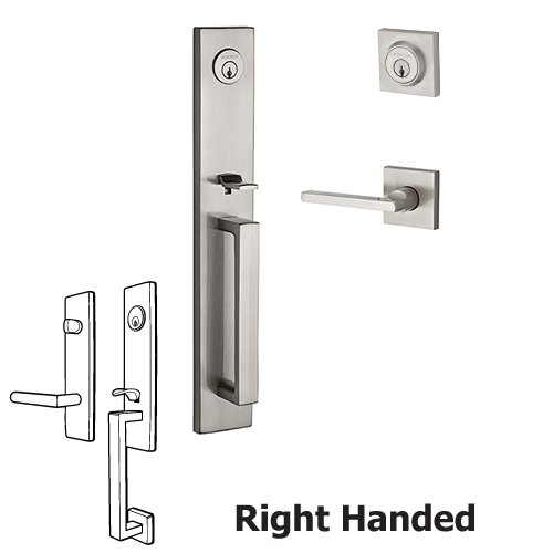 Right Handed Double Cylinder Santa Cruz Handleset with Square Door Lever with Contemporary Square Rose in Satin Nickel