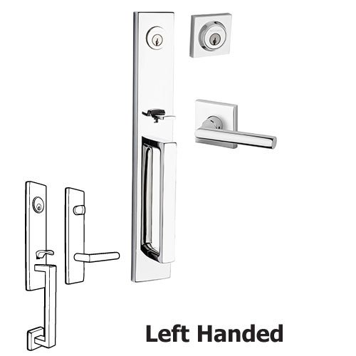 Left Handed Double Cylinder Santa Cruz Handleset with Tube Door Lever with Contemporary Square Rose in Polished Chrome