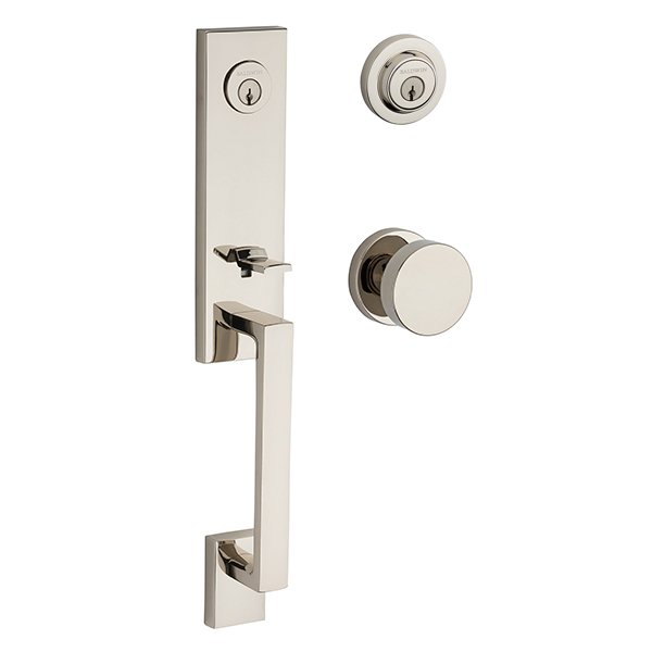 Double Cylinder Seattle Handleset with Contemporary Door Knob with Contemporary Round Rose in Polished Nickel