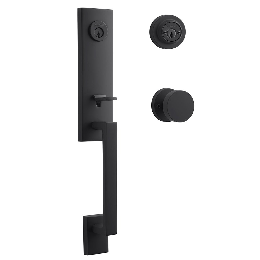 Double Cylinder Seattle Handleset with Contemporary Door Knob with Contemporary Round Rose in Satin Black