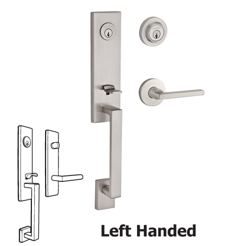 Handleset with Left Handed Square Lever and Contemporary Round Rose in Satin Nickel