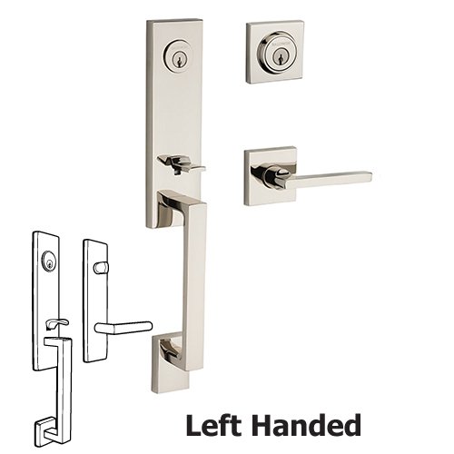 Left Handed Double Cylinder Seattle Handleset with Square Door Lever with Contemporary Square Rose in Polished Nickel