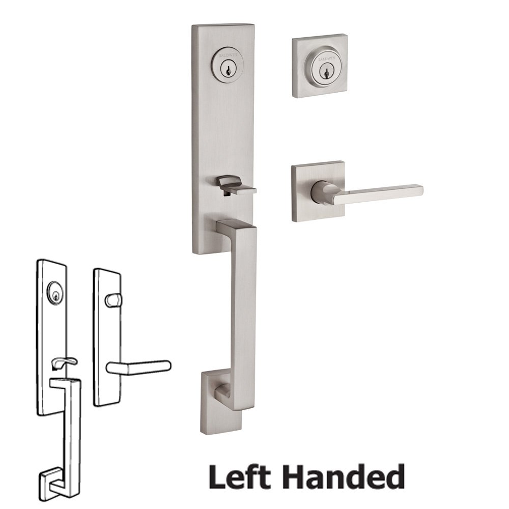 Handleset with Left Handed Square Lever and Contemporary Square Rose in Satin Nickel