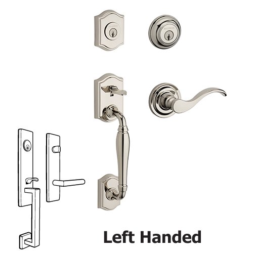 Left Handed Double Cylinder Westcliff Handleset with Curve Door Lever with Traditional Round Rose in Polished Nickel