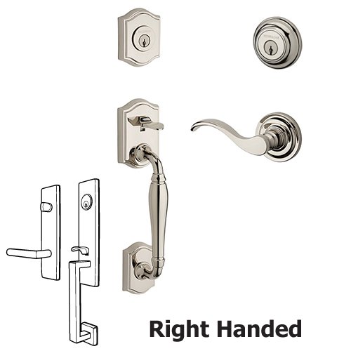 Right Handed Double Cylinder Westcliff Handleset with Curve Door Lever with Traditional Round Rose in Polished Nickel