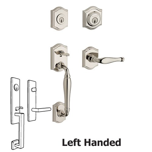 Left Handed Double Cylinder Westcliff Handleset with Decorative Door Lever with Traditional Arch Rose in Polished Nickel