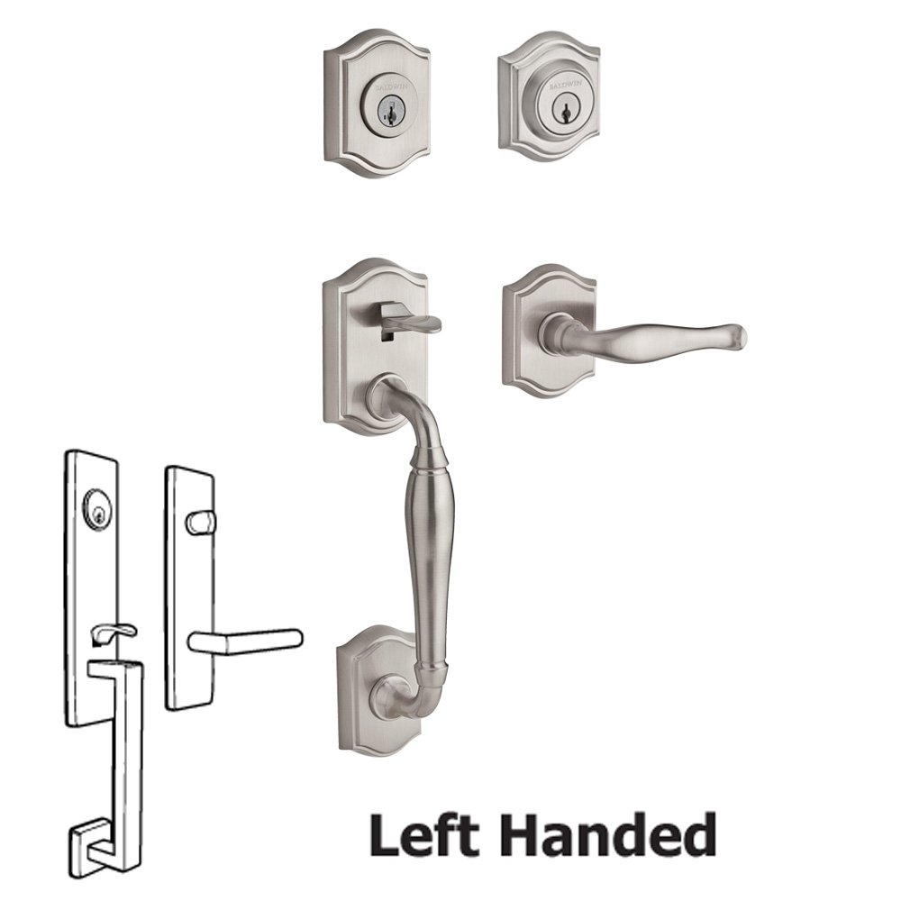 Handleset with Left Handed Decorative Lever and Traditional Arch Rose in Satin Nickel