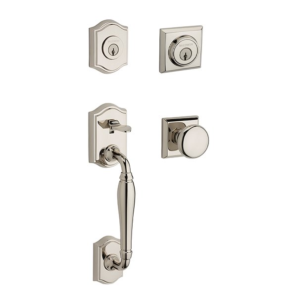 Double Cylinder Westcliff Handleset with Round Door Knob with Traditional Square Rose in Polished Nickel