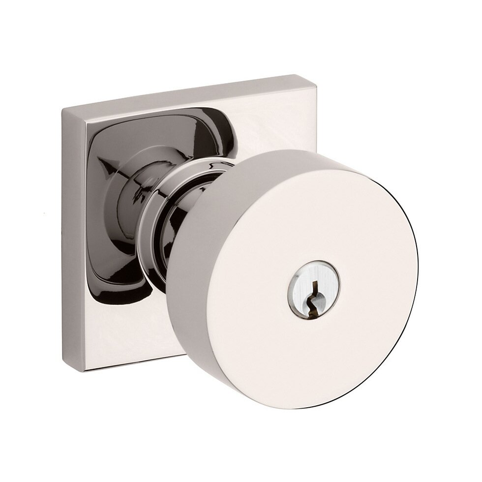 Keyed Contemporary Round Knob with Square Rose in Lifetime Pvd Polished Nickel