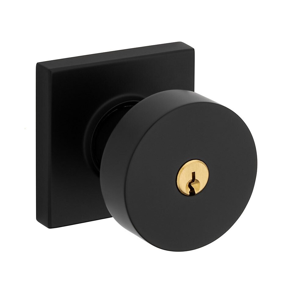Keyed Contemporary Round Knob with Square Rose in Satin Black