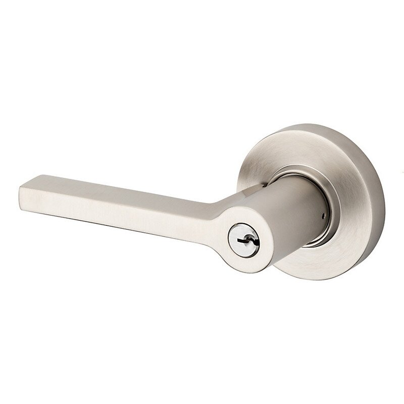 Keyed Left Handed Square Lever with Round Rose in Lifetime Pvd Satin Nickel