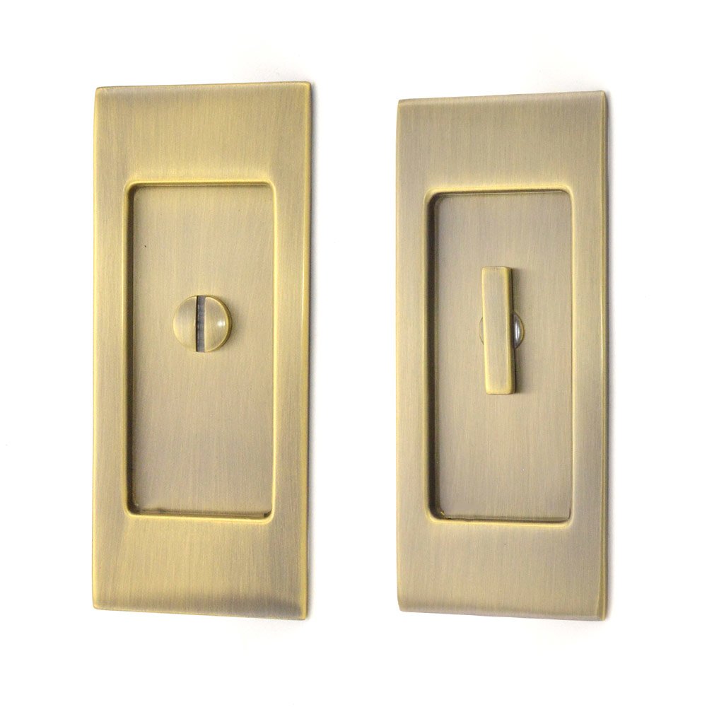 Small Santa Monica Privacy Mortise Pocket Door Set in Antique Brass