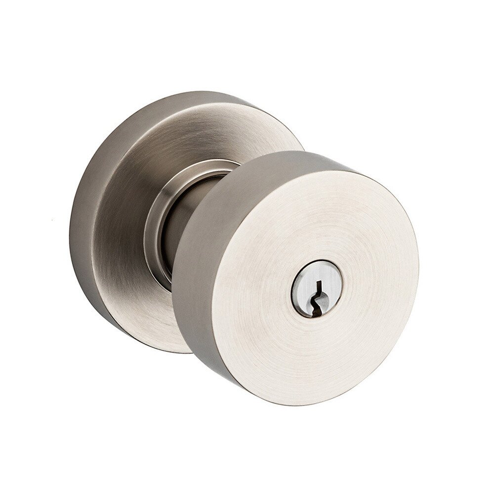 Keyed Contemporary Knob with Round Rose in Lifetime Pvd Satin Nickel