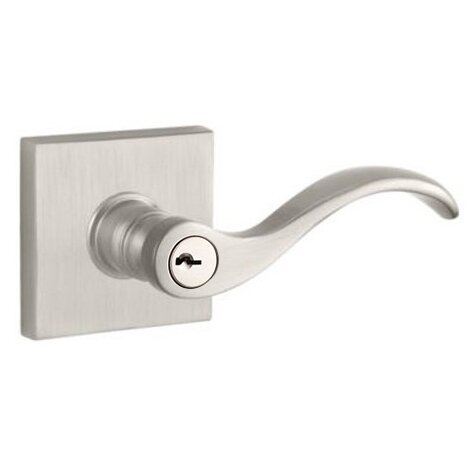 Keyed Entry Door Lever with Contemporary Square Rose in Satin Nickel
