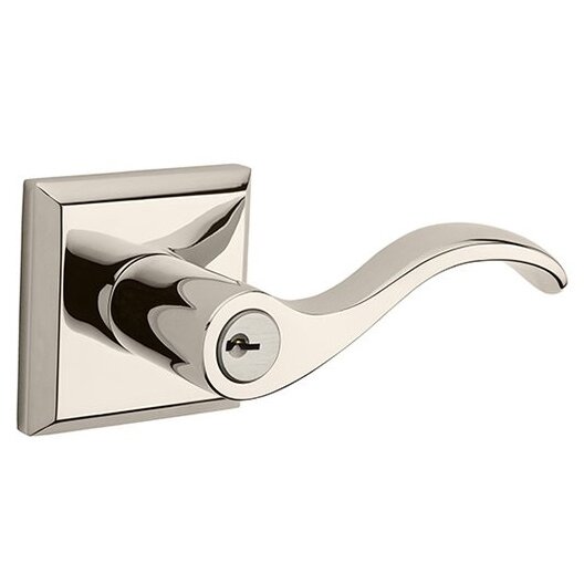 Right Handed Keyed Curve Door Lever with Traditional Square Rose in Polished Nickel