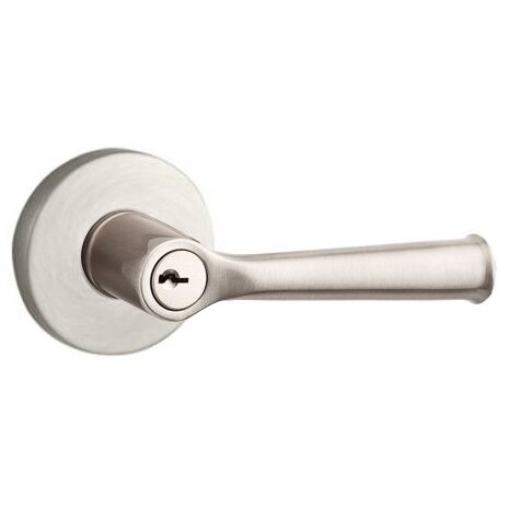 Keyed Entry Door Lever with Contemporary Round Rose in Satin Nickel