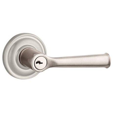 Keyed Entry Door Lever with Traditional Round Rose in Satin Nickel