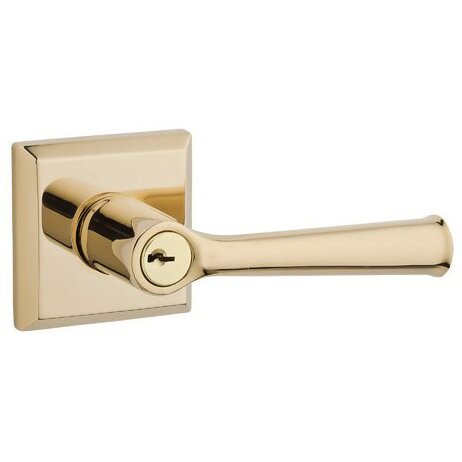 Keyed Entry Door Lever with Traditional Square Rose in Polished Brass