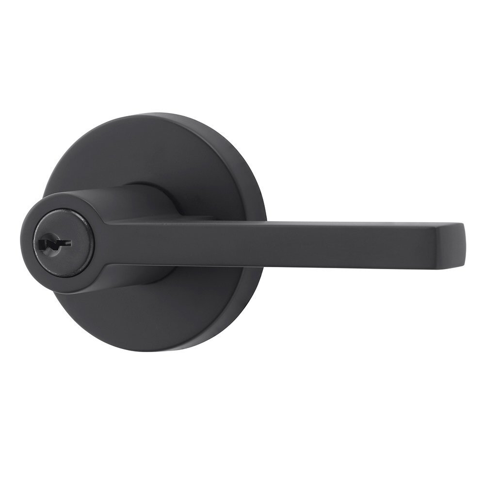 Keyed Entry Door Lever with Contemporary Round Rose in Satin Black