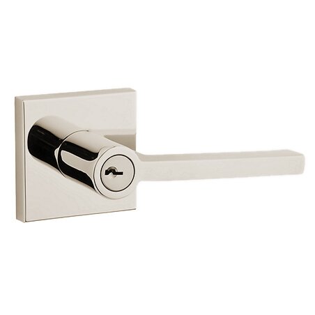 Right Handed Keyed Square Door Lever with Contemporary Square Rose in Polished Nickel