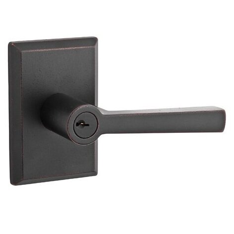 Keyed Entry Door Lever with Rustic Square Rose in Dark Bronze