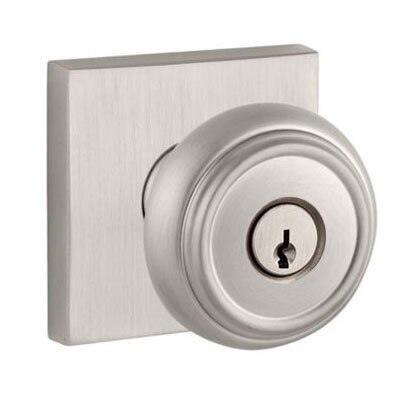 Keyed Entry Door Knob with Contemporary Square Rose in Satin Nickel