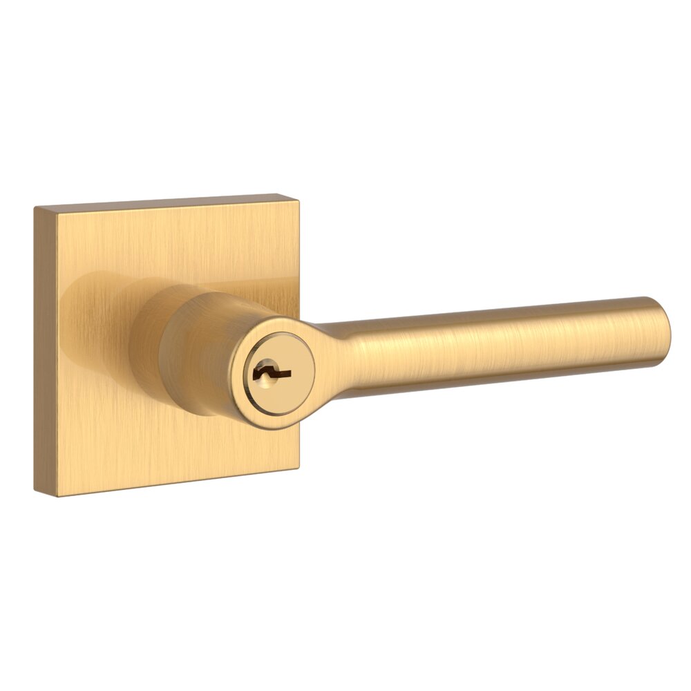 Keyed Tube Door Lever with Contemporary Square Rose in PVD Lifetime Satin Brass